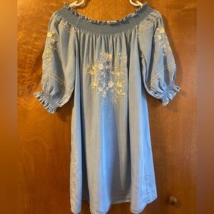 Dex Light Blue Off-the-Shoulder Dress with Floral Embroidery